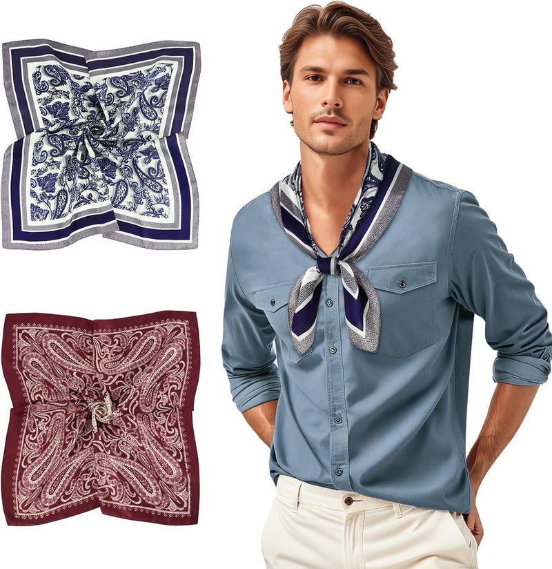 GERINLY Mens Silk Feel Scarf 2 Pack, 27 Inch Neckerchief Ascot, Novelty Head Bandana Wrap - Image 1